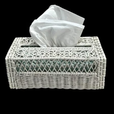 White Woven Wicker Tissue Box Cover Holder Rectangular Cottage Chic Shabby VTG