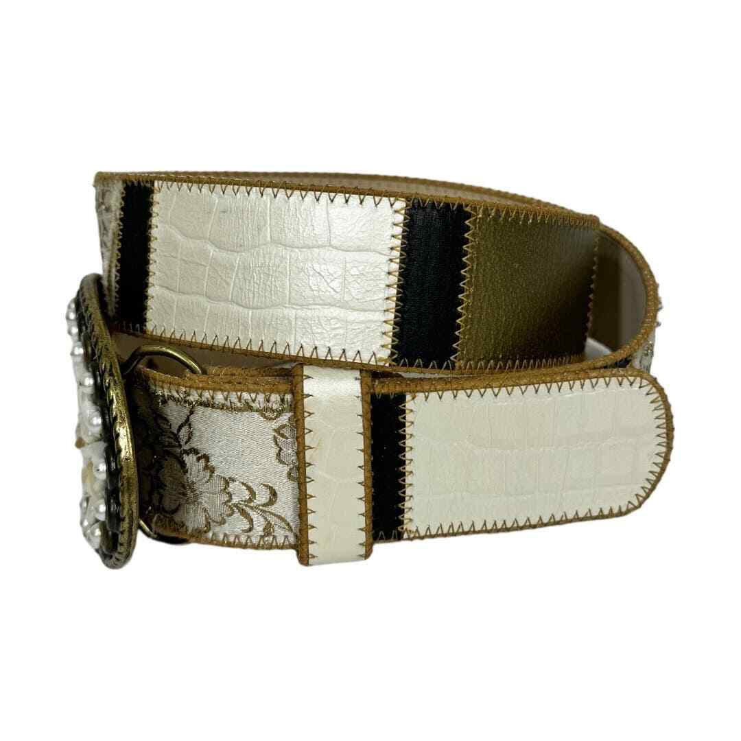 Vintage Patchwork Leather Belt Gold Stud Trim Art To Wear Statement Belt L Leather Patchwork Belt - Etsy main image 4