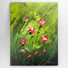 Theo Dapore Green/Red Abstract Flower Acrylic Painting