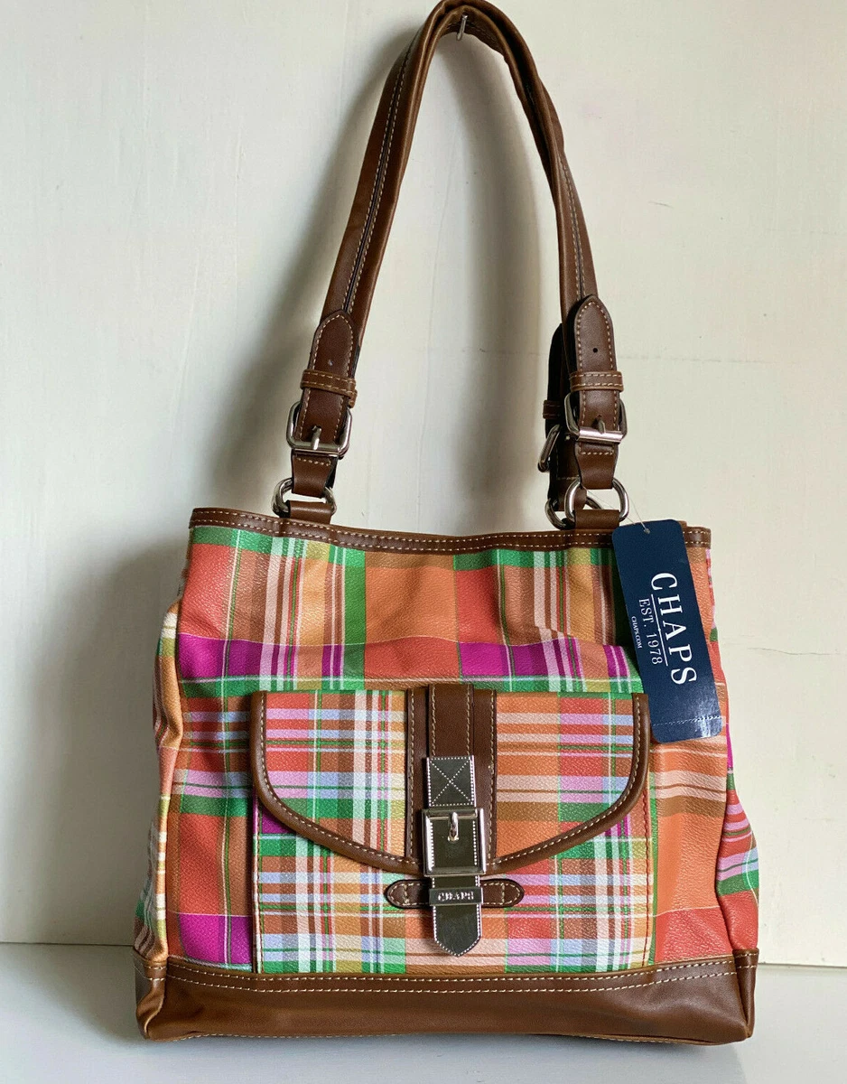 CHAPS RALPH LAUREN TRAVELER ORANGE AVALON MADRAS SATCHEL TOTE BAG PURSE 89 SALE