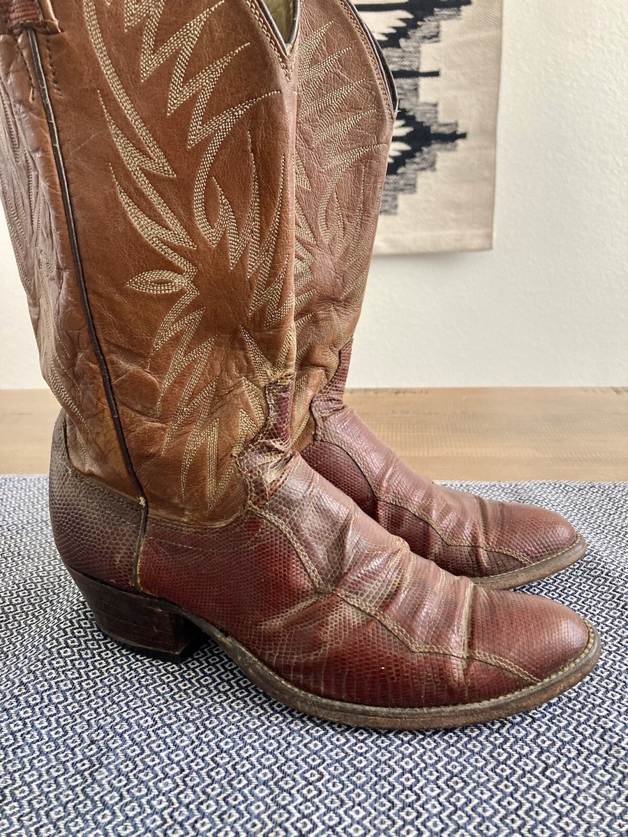 Vintage Dan Post Brown Leather Lizard Skin Western Boots Cowboy