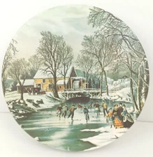 Vtg Currier and Ives Metal Tin Container with Lid Round Winter Pastime Skaters