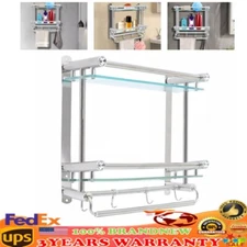 2 Tier Bathroom Shelf w/ Hooks Bathroom Hotel Wall Mounted Towel Rack Organizer