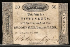 May 27, 1818 Brookeville State Bank Indiana Bank of Vincennes 50 Cents Obsolete