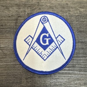 Vtg Square & Compass Round Embroidered Masonic Patch White & Blue 3”