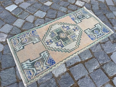 Türkischer Vintage Kleiner Teppich Handgefertigt Wolle Böhmisch Badematte Vorleger 1,4 x 2,8 Fuß