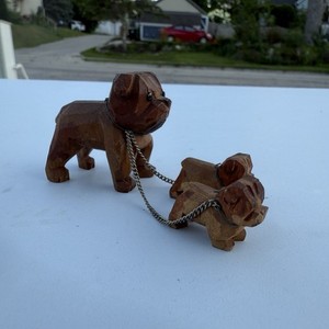 Vintage English Bulldog Dog Figurines Carved Wood Mom 2 Puppies Chain Dogs Small