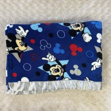 Disney Mickey Mouse Baby Toddler Blanket Blue Gray Silky Satin Trim Star Red