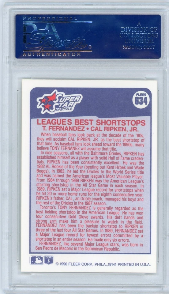 1990 Fleer #634 Cal Ripken Jr / Tony Fernandez - PSA 10 - Image 2 of 2