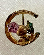 Vintage Scottish Thistle Purple Rhinestone Brooch Gold Tone. Very nice