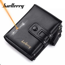 Name Engraving Men Wallets Leather Double Zipper Card Holder Short Male Purse Co