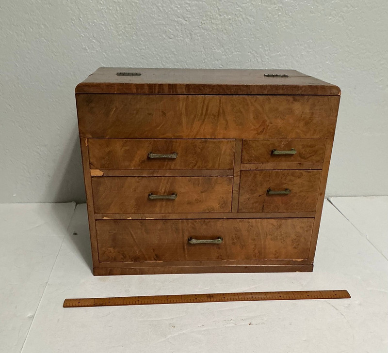 Vintage Japanese Wood 5 Drawer Sewing Box Haribako Chest Wooden Case + Ruler