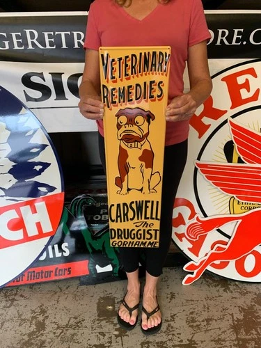 Antique Vintage Old Style Sign Veterinary Remedies Bulldog 30 x 8 Made in USA