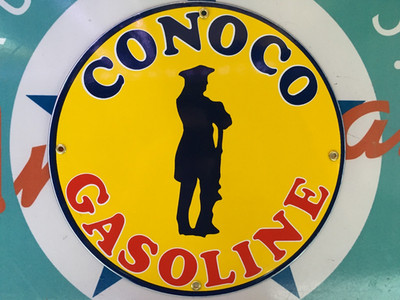 CONOCO MINUTE MAN GASOLINE top QUALITY porcelain coated 18 GAUGE steel SIGN