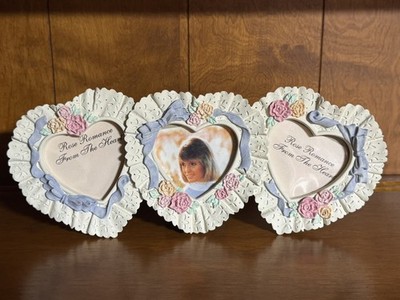 Vintage FIGI GRAPHICS Heart Shape Picture Frame Set ~ Lacey Flowers & Ribbons