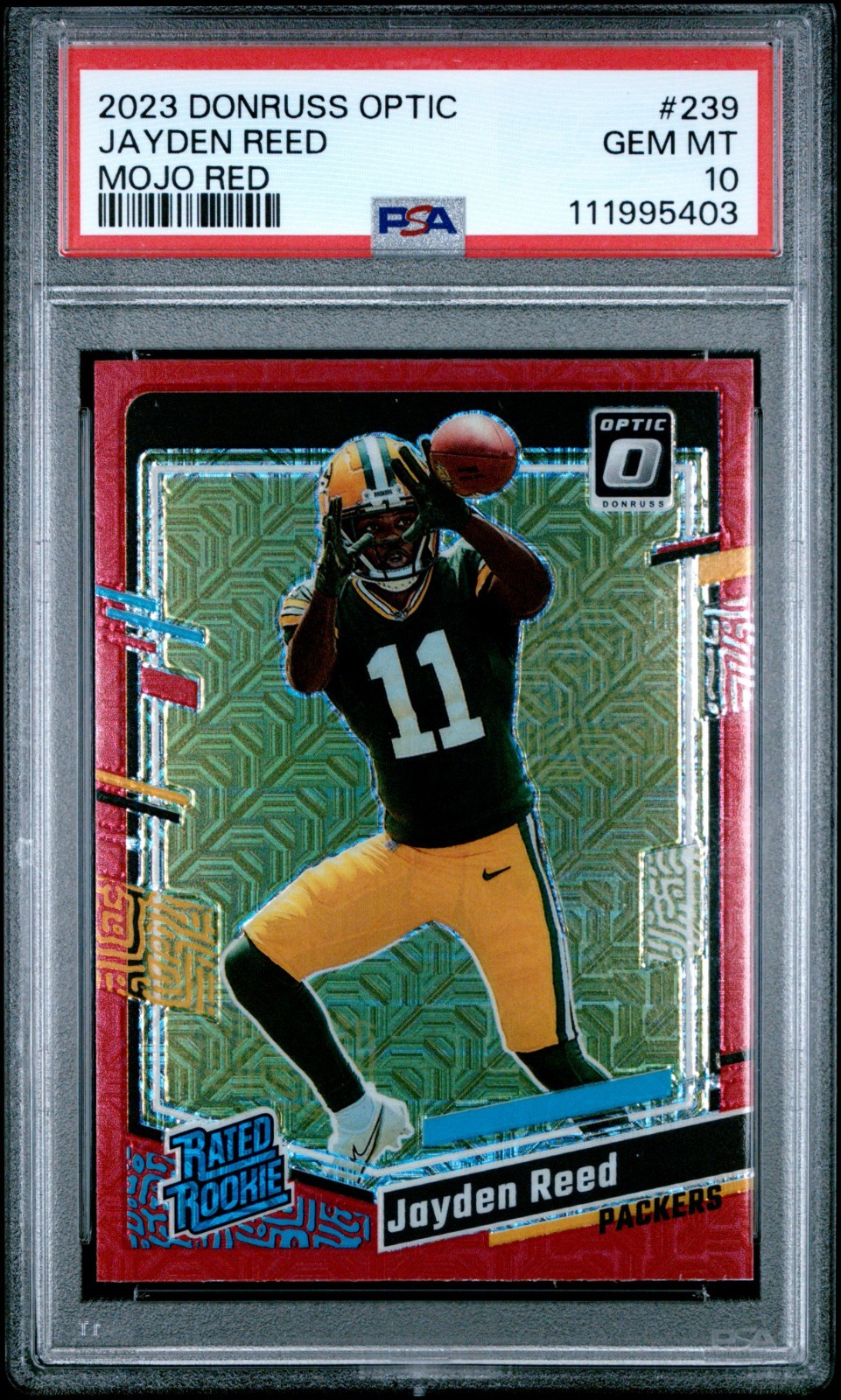 2023 Panini Donruss Optic - Rated Rookie Jayden Reed #239 Red Mojo Prizm PSA 10