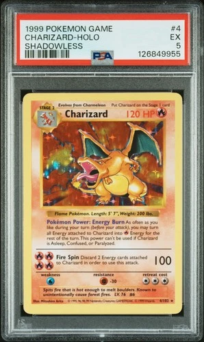 1999 POKEMON BASE SET SHADOWLESS #4 CHARIZARD-HOLO PSA 5