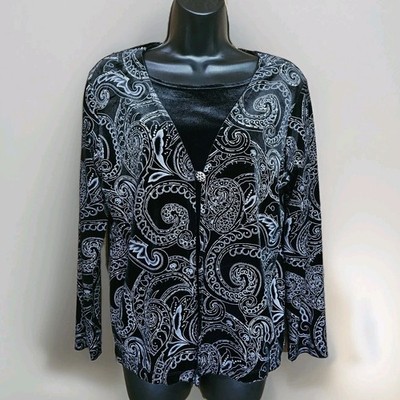 Notations Velour Ladies Med Top Black w/Silver Sparkle Paisley Design Holiday 