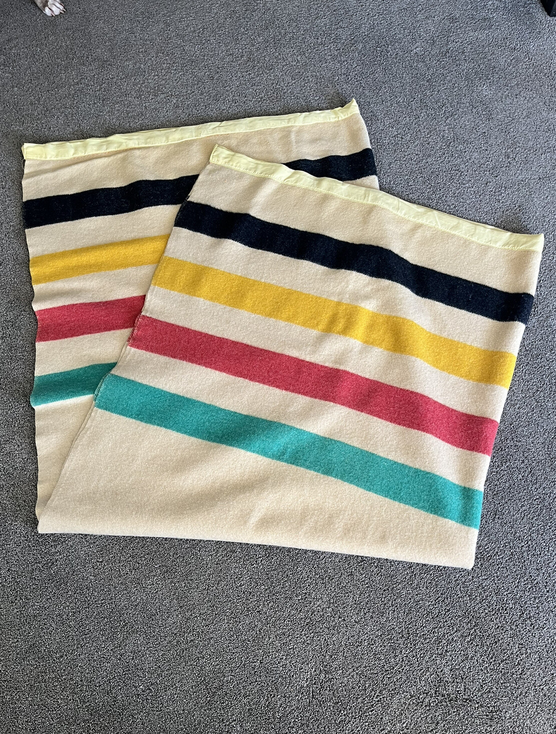 Vintage Hudson Bay 4 Point 100 Wool Blanket Size 85x72 Made In England