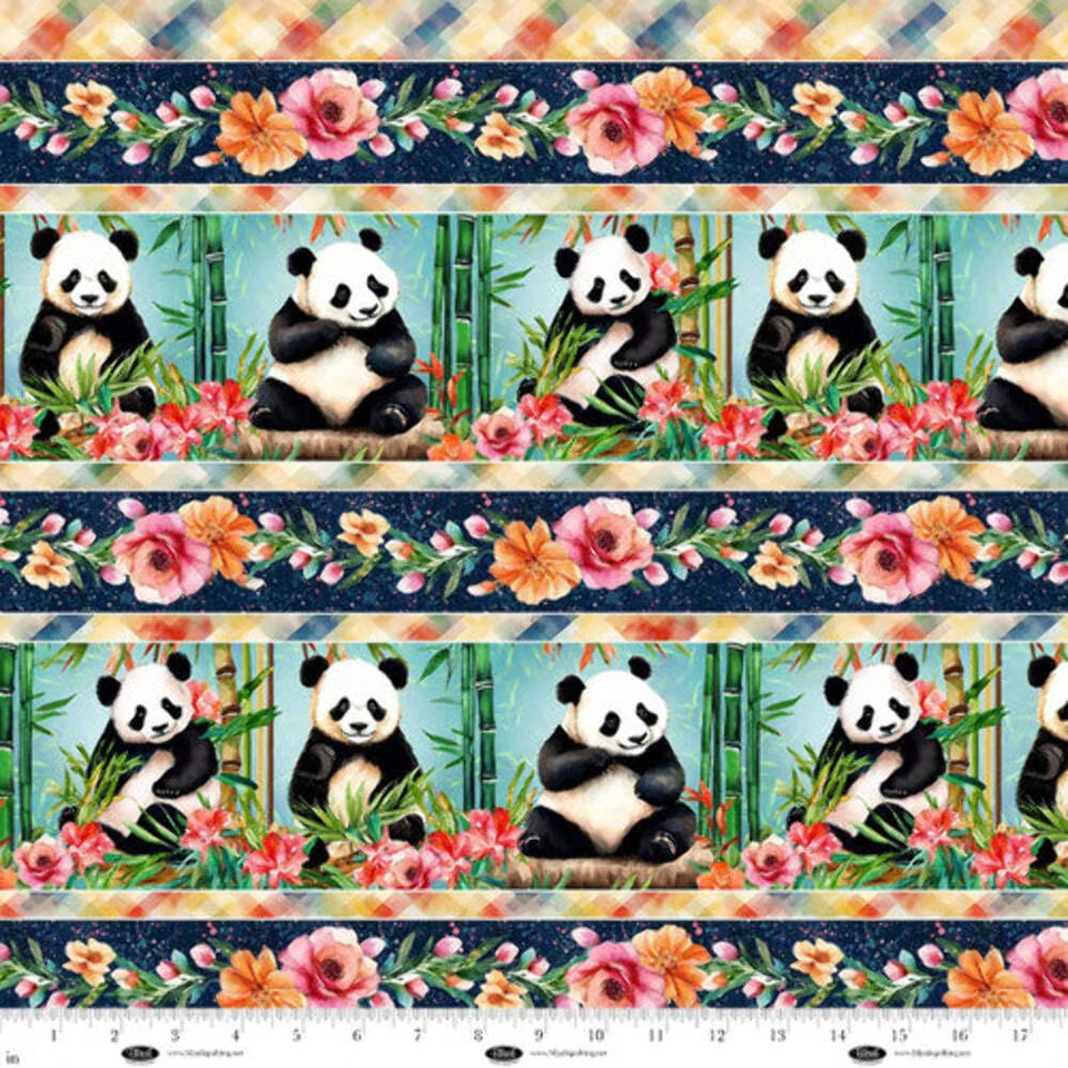 BLANK QUILTING Panda Paradise Digital Border Stripe Sage Cotton Fabric