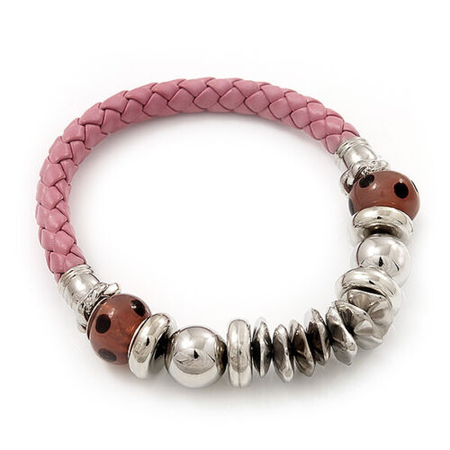 Silver Tone Metal Bead Pink Leather Flex Bracelet - up to 20cm Length - Picture 1 of 4