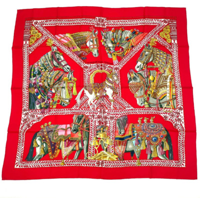 HERMES Carre 90 LA DANSE DU CHEVAL MARWARI Dance Silk Scarf Red Japan [Used]