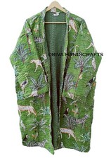 Indian Kantha Quilt Animal Print Green Handmade Gown Winter Mid-Length Jacket