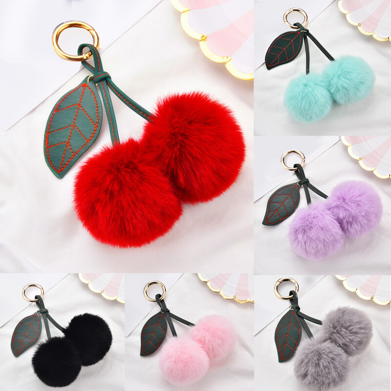 Faux Fur Fluffy Ball Cherry Key Chain Bag Car Pendant Charm Keyring
