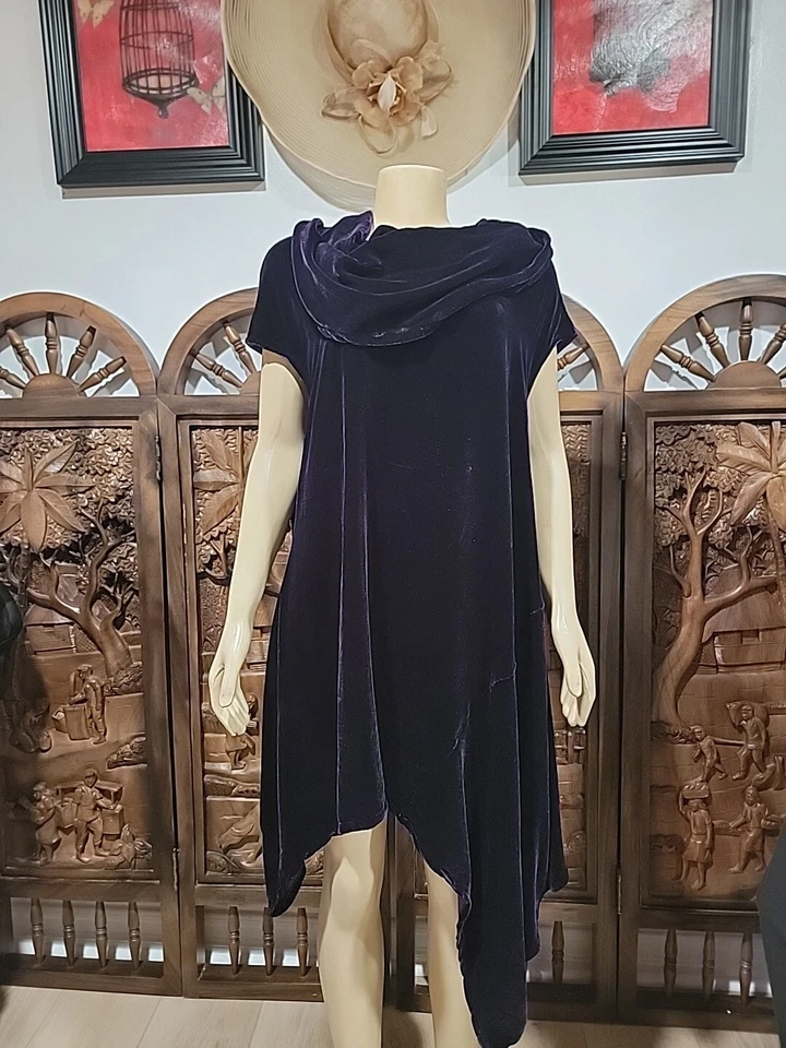 Bryn Walker Purple Panne Velvet Asymetric Size L Tunic Dress Short Sleeve #C - Image 2 of 4