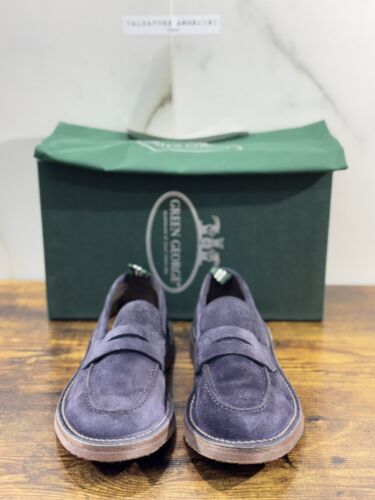 Green George Mocassino Uomo Suede Blu Luxury Handmade Men 40.5 - Imagen 2 de 6