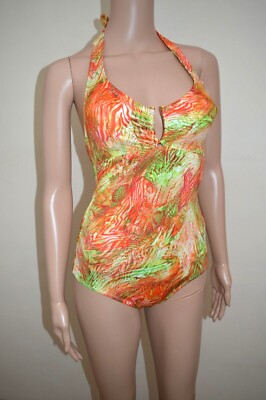 Neu M&S Secret schlankmachender orange & grün Samba Schlangenlinie Mix Badeanzug Gr UK 8