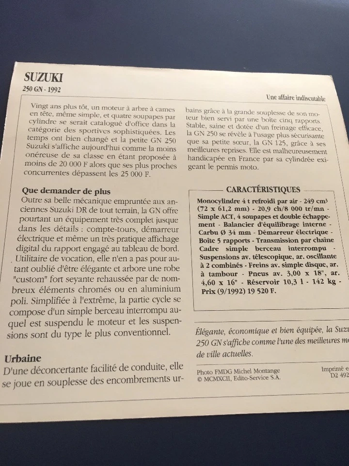 Suzuki 250 Gn 1992 250GN GN250 Tarjeta Moto Colección Atlas Japón - Imagen 2 de 2