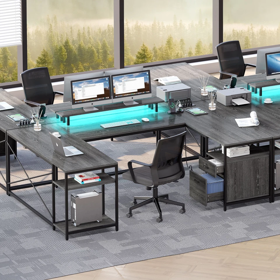 Escritorio 79" en forma de L en forma de U Escritorio para juegos Escritorio para computadora con tira LED y tomas de corriente Foto 2 de 4