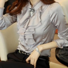 Women Office Lady Button Shirt Top Chiffon Ruffle Collar Lace Long Sleeve Blouse