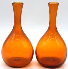 Blenko Amber (2) Vintage Honey Orange Art Glass Decorative 10" Vase Bottles