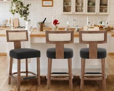 Rattan Barstools with Back Counter Height Bar Stools Set of 3,Wood Frame