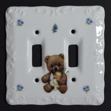 Light Switch Cover Double Teddy Bear Kid Porcelain Ceramic Glossy Scalloped VTG