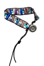 Mixed Stone Leather Wrap Bracelet Silver Tone Sunflower Boho Button Clasp 7  