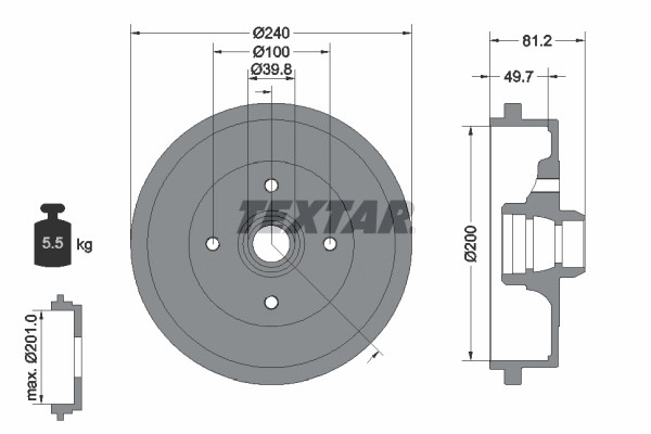 Tambour de frein Textar 94006700 en fonte pour essieu arrière Audi A3