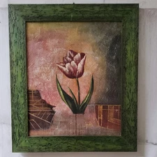 Hand-painted flower image with ethnic green wooden frame 66x76 cm