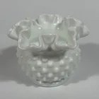 Vintage Fenton Hobnail Milk Glass 3" Double Crimped Ruffled Vase