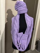 Women  s 3pc Lt Purple Beanie,scarf Touch Screen Gloves Knitted Soft Acrylic