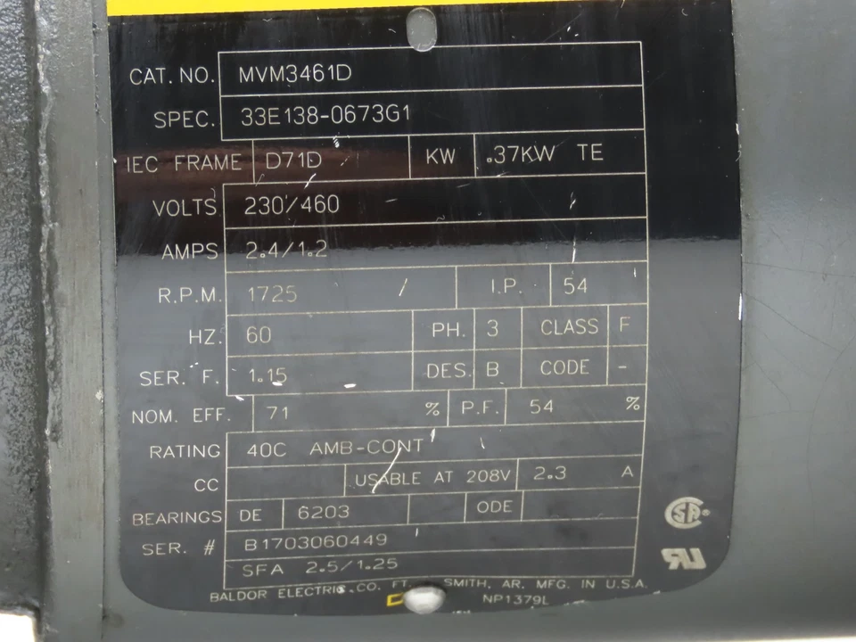 Baldor MVM3461D Metric AC Motor .37kw 1725 RPM 230/460V 3PH IEC D71D Frame - Image 3 of 4