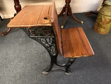 Antique School Desk Folding Bench, Thos. Kane & Co, 1876 Wood  and Cast Iron
