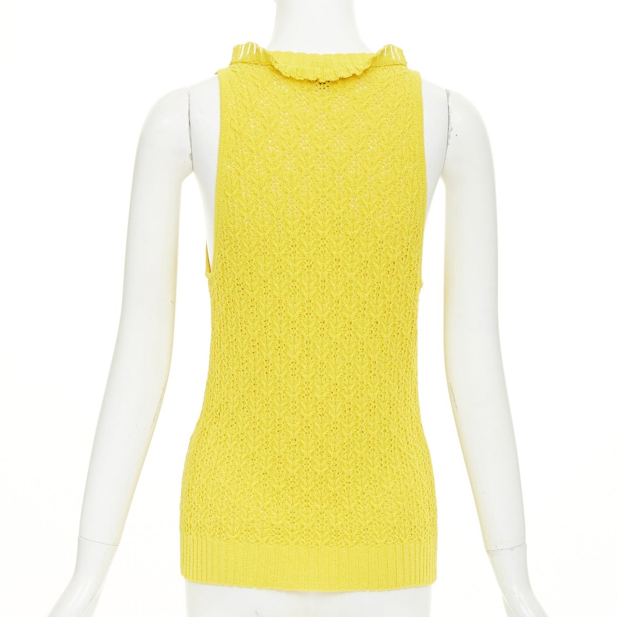 CHANEL 2025 marigold yellow openwork ruffle trim cotton vest cardigan FR34 XXS View 5