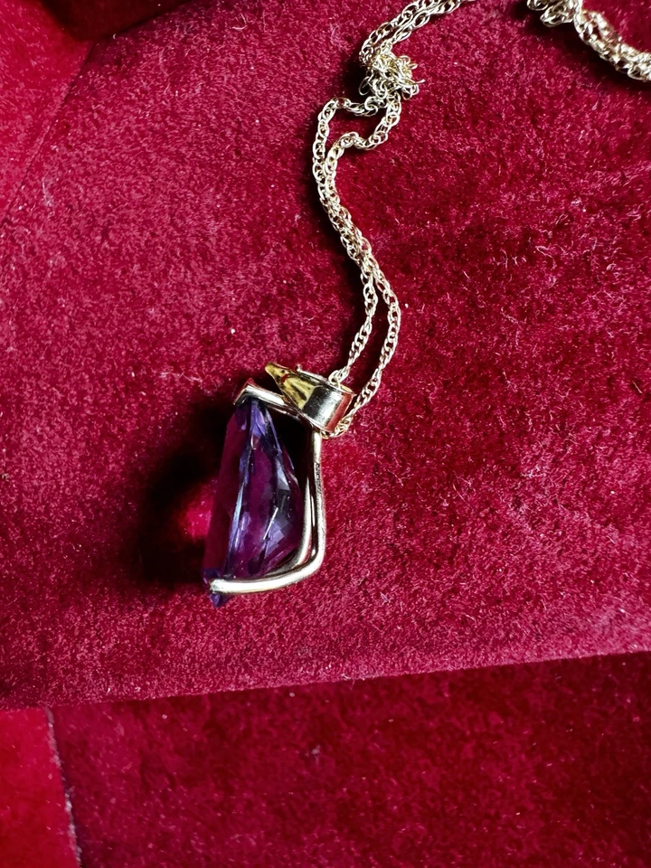 Mexico 14K Yellow Solid Gold Pear Shape Large Amethyst Charm Pendant & Chain - Image 4 of 4