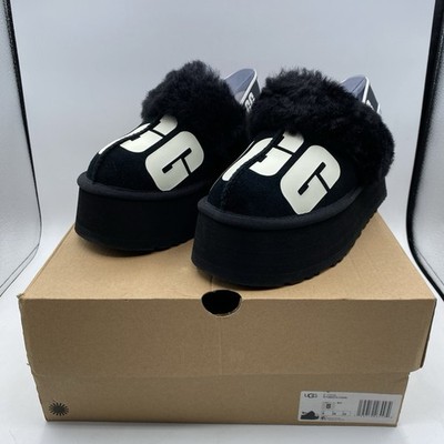 UGG BLACK FUNKETTE FLUFF SLIDE SLIPPER PLATFORM SANDALS, WOMEN US 8/ EUR 39 ~NIB