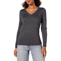 Damen Langarm-Pullover V-Ausschnitt Dunkelgrau Meliert M, Amazon Essentials