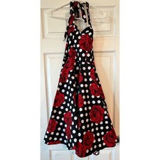 Grace Karin Red Rose Polka Dot Halter Swing Dress Black Rockabilly Pinup Small