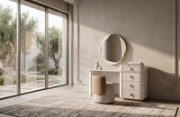 Schminktisch Set Schminktisch Hocker Spiegel Modern Beige Luxus Edel